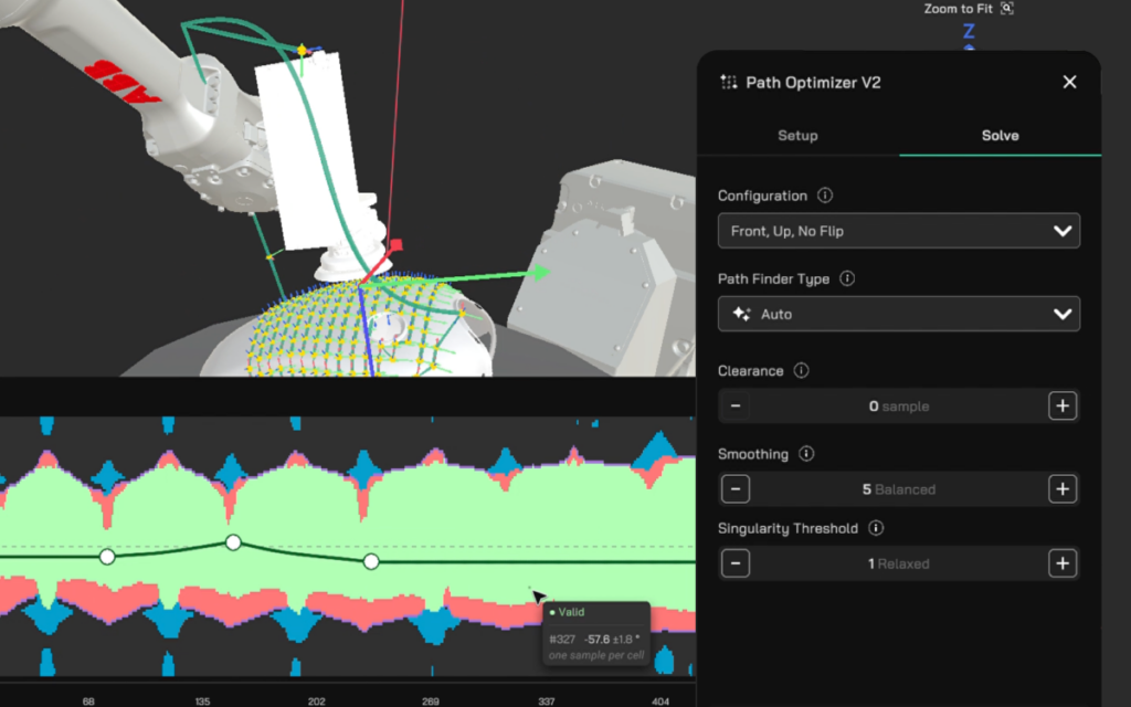 Path Optimizer V2's trajectory optimization interface displaying joint angle solve graph with singularity threshold and smoothing controls for robot toolpath generation.